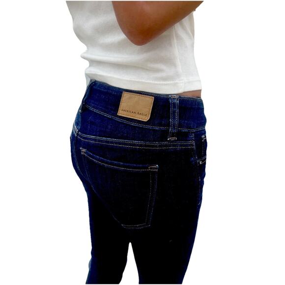 American Eagle Woman Sz 00 24x28 Jeans Low Rise Flare Dark Demin Flare Stretch - Picture 5 of 12